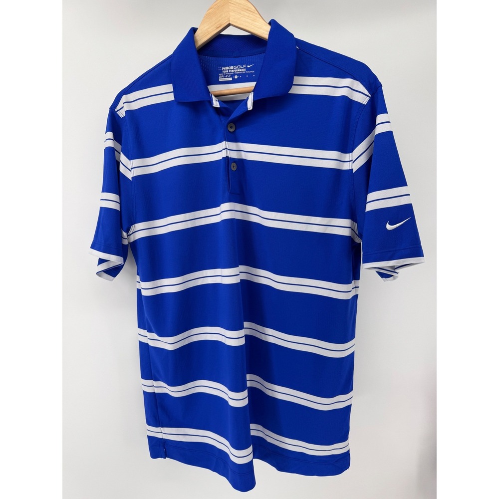 Nike Golf Polo Shirt Mens M Blue White Striped Dri Fit Tour Performance
